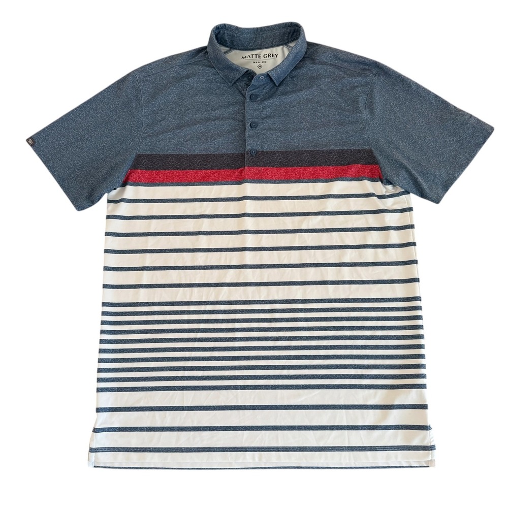 Matte‎ Grey Medium Blue Striped Performance Men's Golf Polo Shirt Monarch Beach